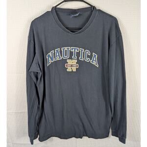 Nautica M Long Sleeve T-Shirt Mens Black Blue Collegiate Spellout Logo Cotton